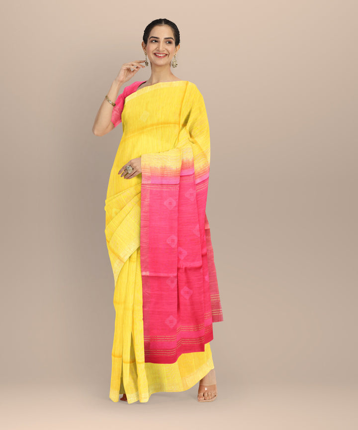 Yellow pink raw silk hand woven bhagalpur saree