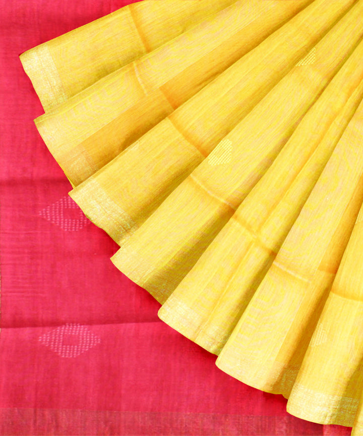Yellow pink raw silk hand woven bhagalpur saree