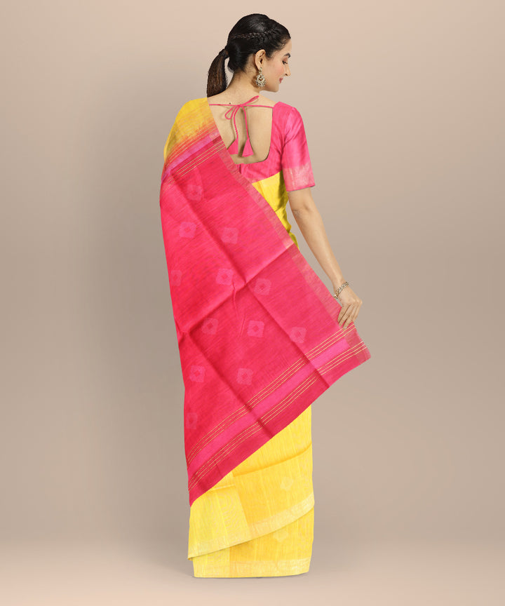 Yellow pink raw silk hand woven bhagalpur saree