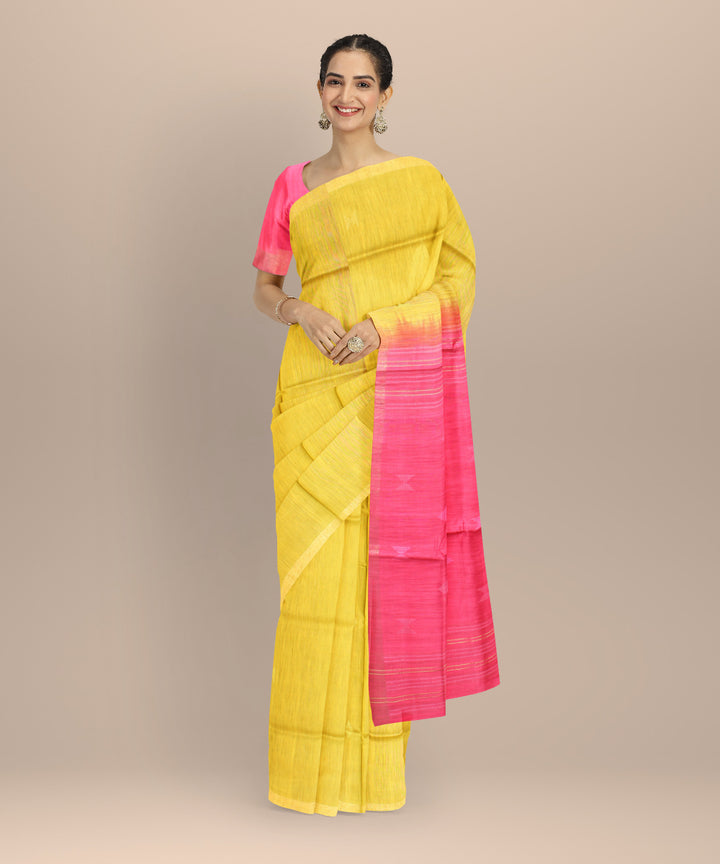 Yellow pink raw silk handloom bhagalpur saree
