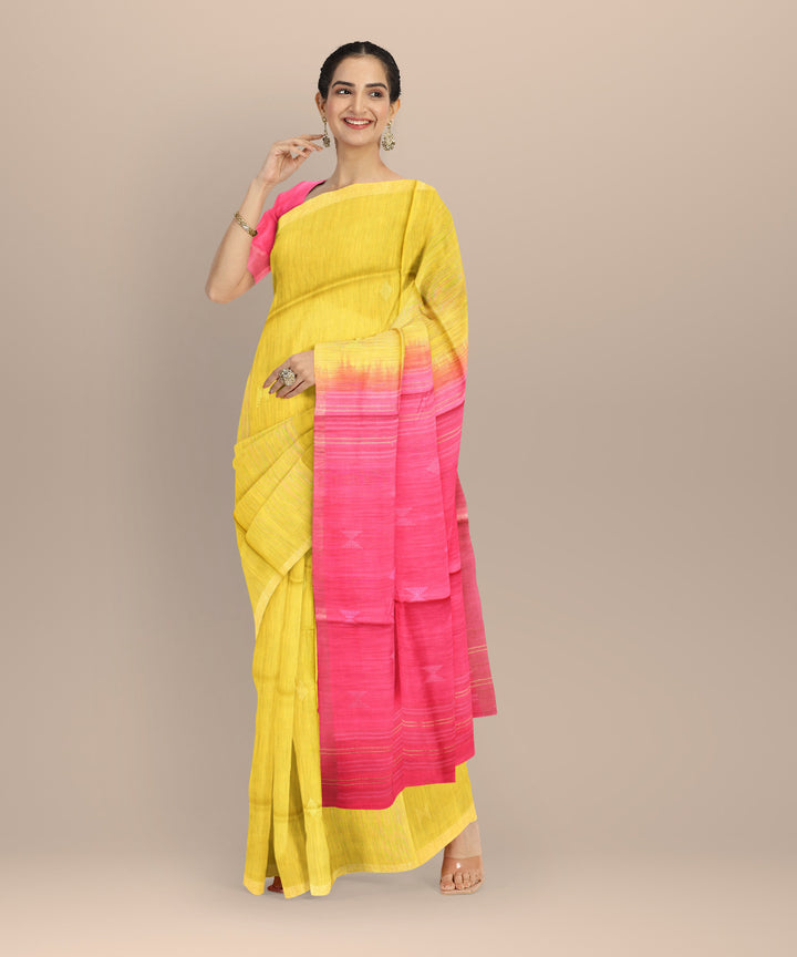 Yellow pink raw silk handloom bhagalpur saree