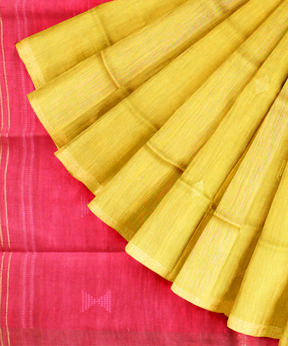 Yellow pink raw silk handloom bhagalpur saree