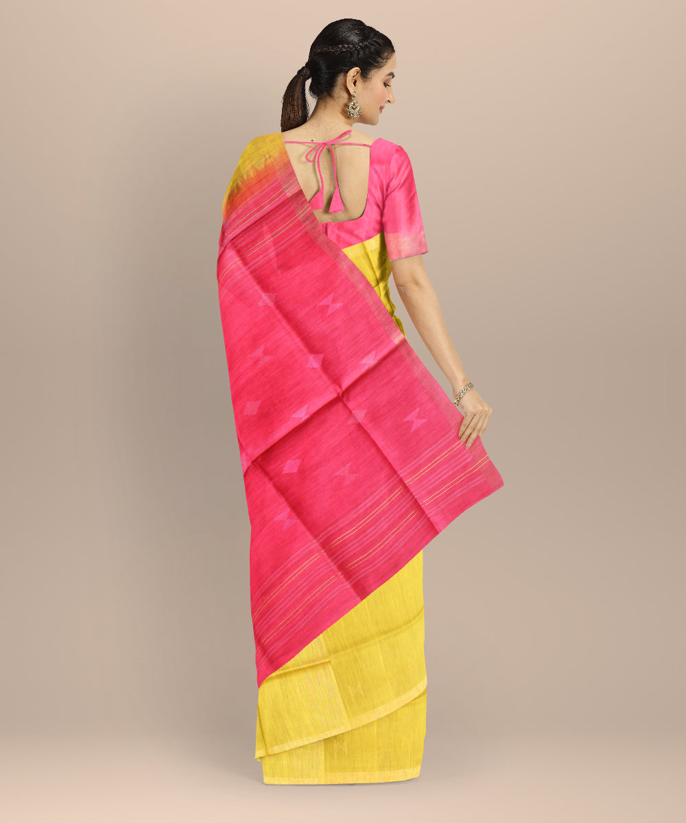 Yellow pink raw silk handloom bhagalpur saree