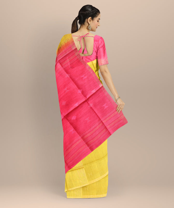 Yellow pink raw silk handloom bhagalpur saree