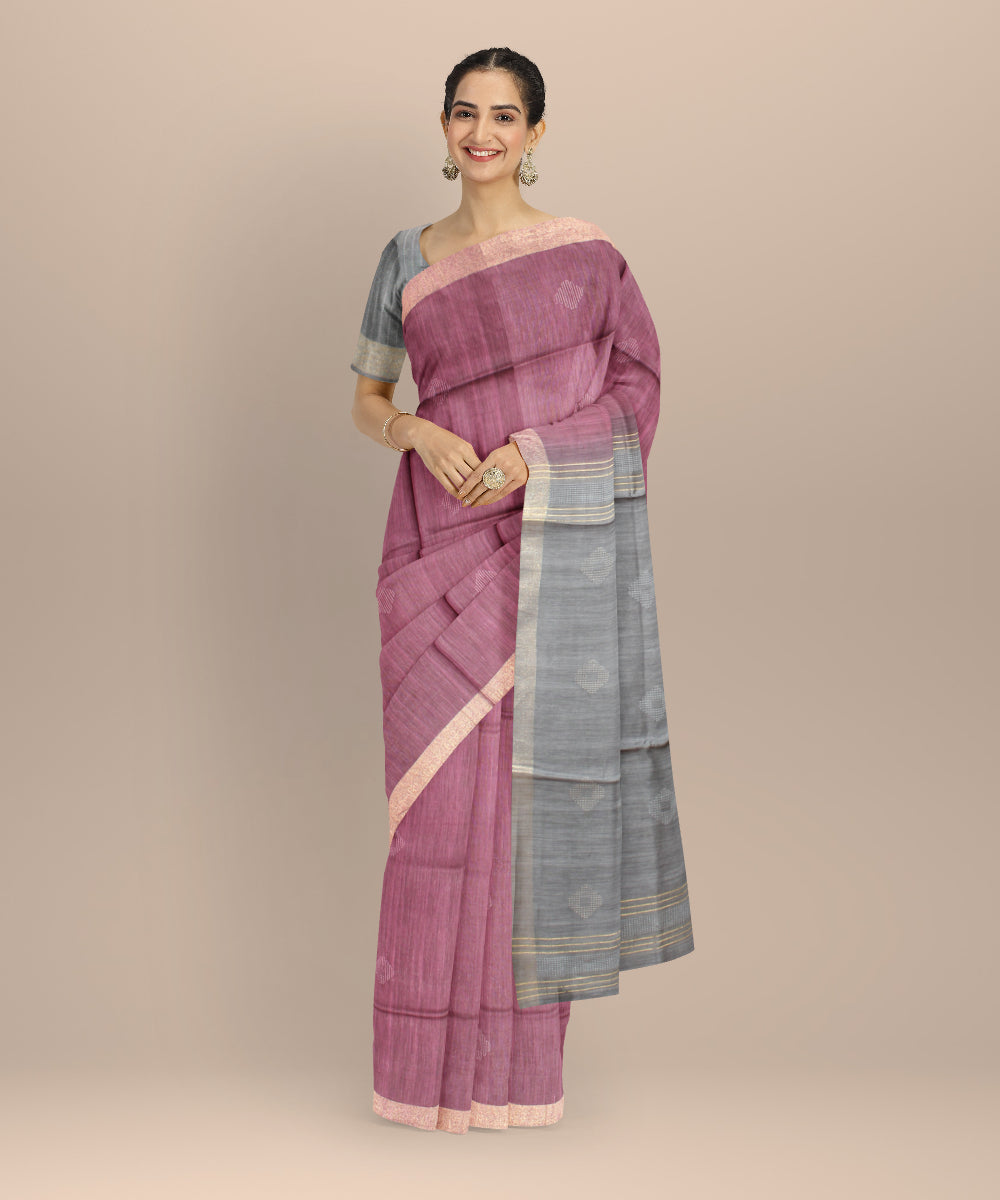 Purple grey raw silk handloom bhagalpur saree