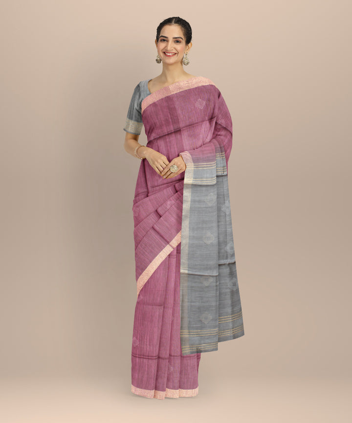 Purple grey raw silk handloom bhagalpur saree