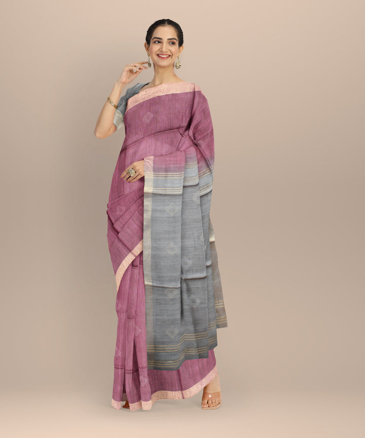 Purple grey raw silk handloom bhagalpur saree