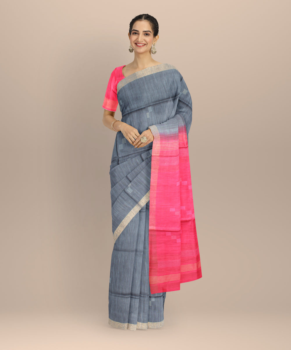 Grey red raw silk hand loom bhagalpur saree