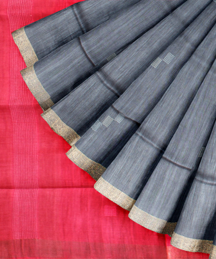 Grey red raw silk hand loom bhagalpur saree