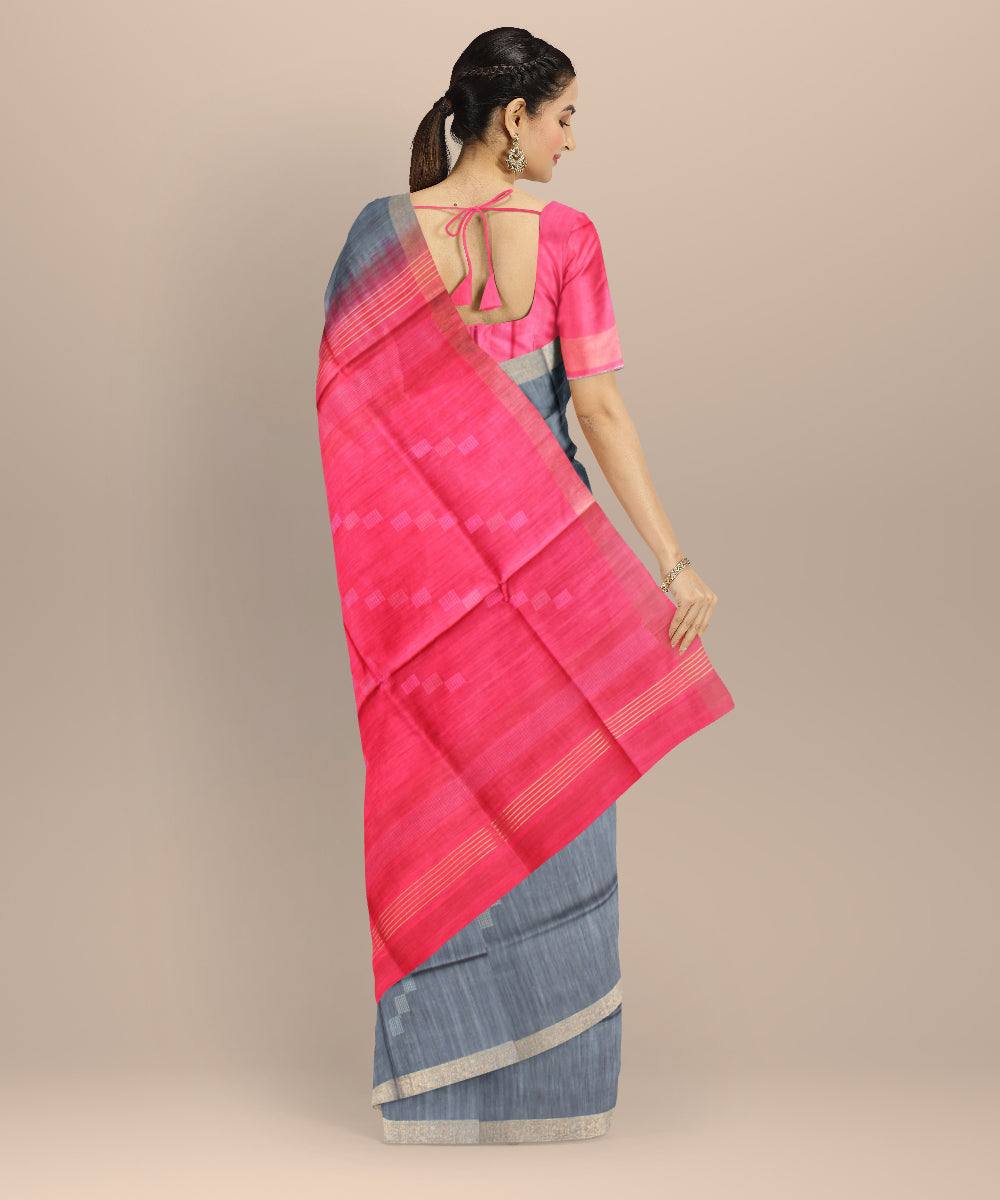 Grey red raw silk hand loom bhagalpur saree
