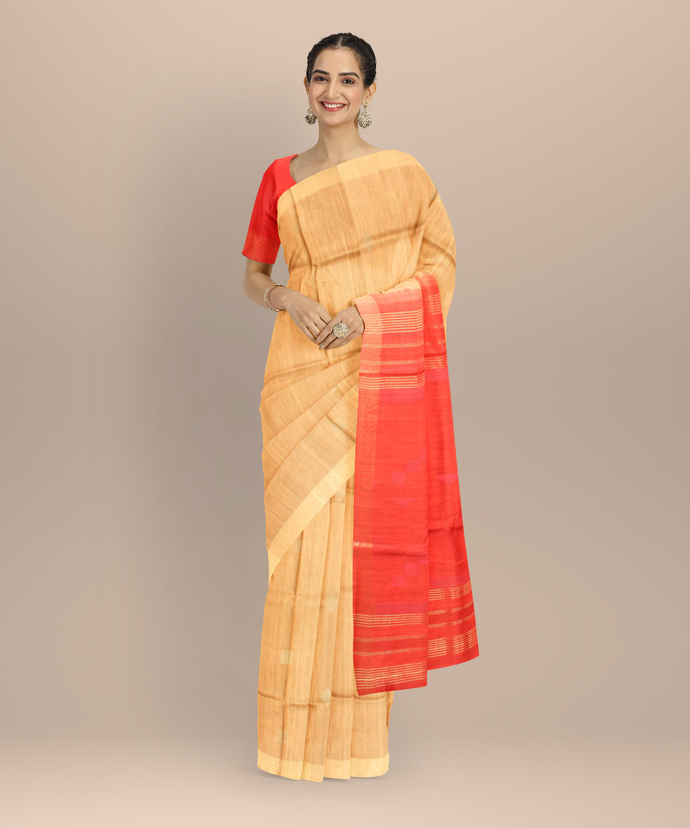 Beige orange raw silk hand loom bhagalpur saree