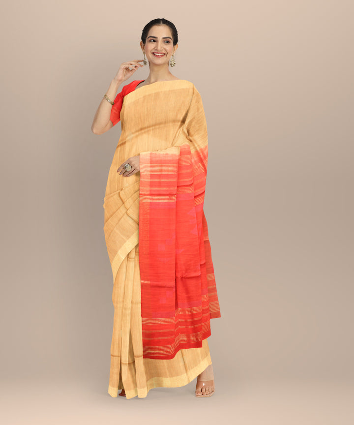 Beige orange raw silk hand loom bhagalpur saree