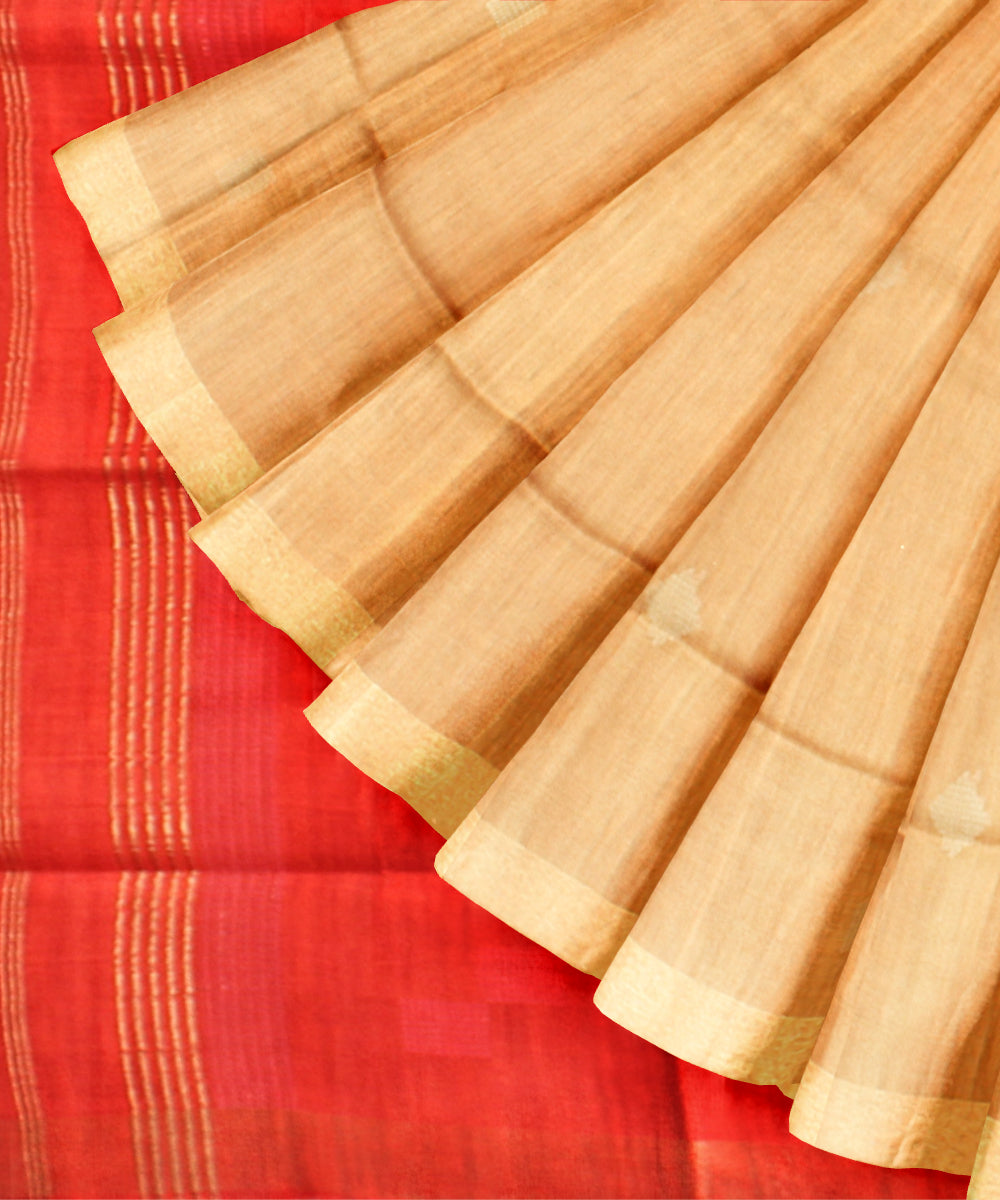 Beige orange raw silk hand loom bhagalpur saree