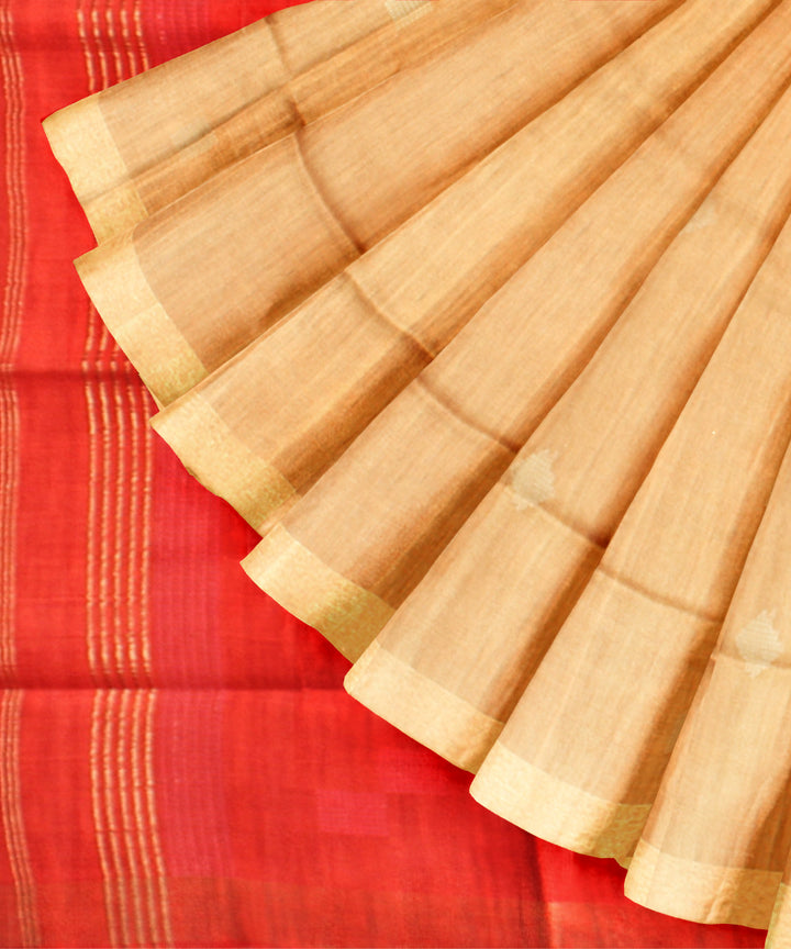 Beige orange raw silk hand loom bhagalpur saree