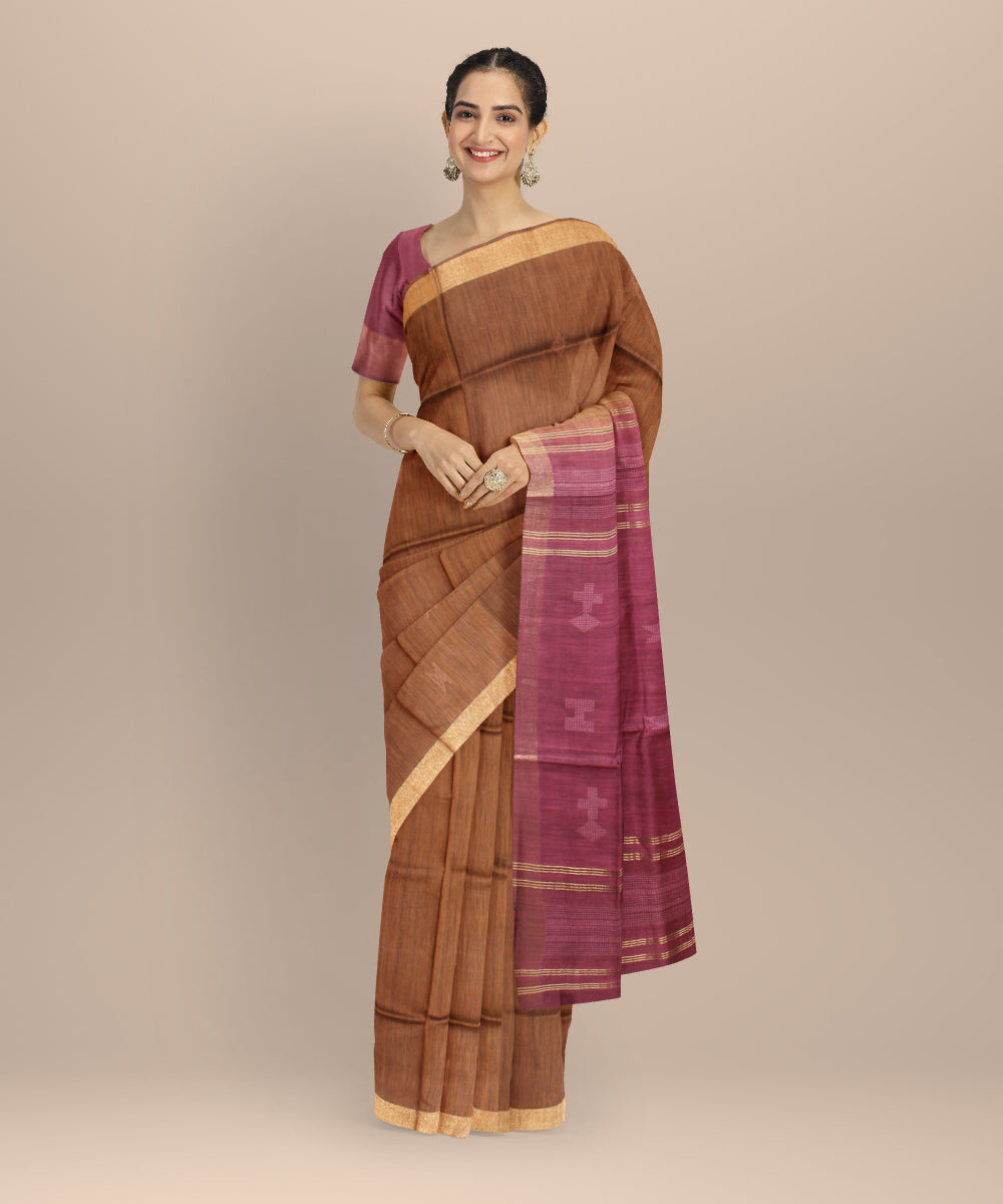 Brown maroon raw silk handloom bhagalpur saree
