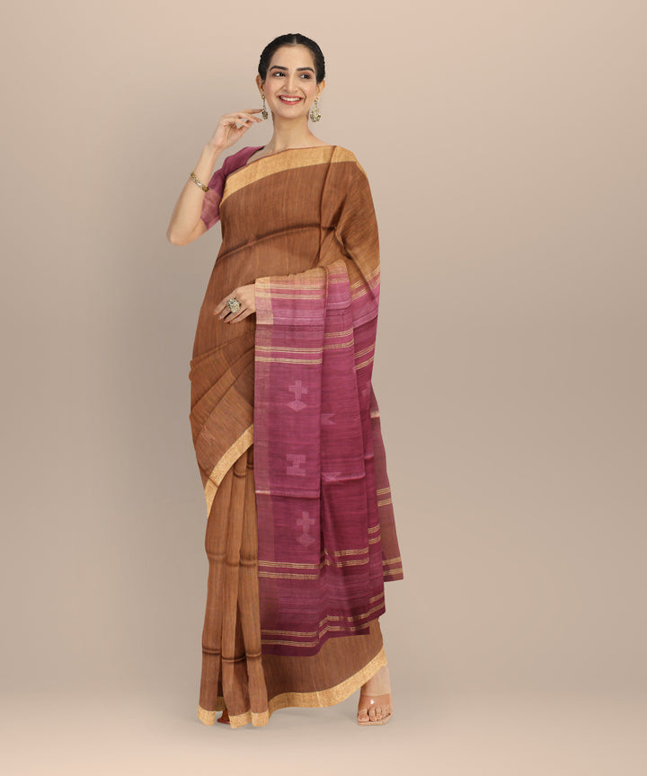 Brown maroon raw silk handloom bhagalpur saree