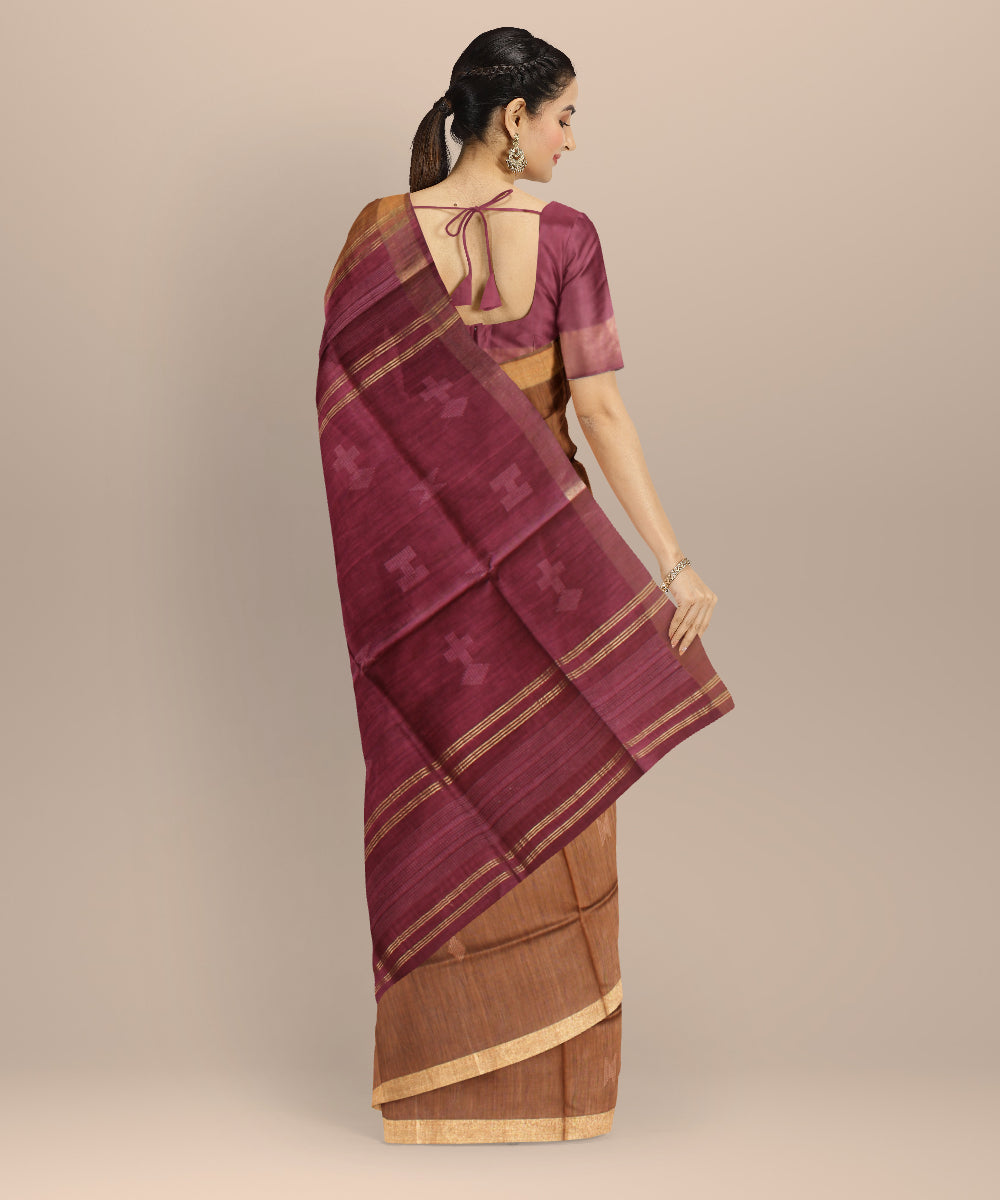 Brown maroon raw silk handloom bhagalpur saree