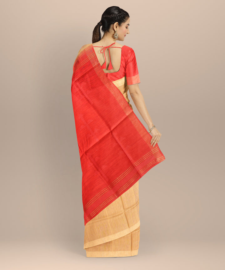 Beige red raw silk handloom bhagalpur saree