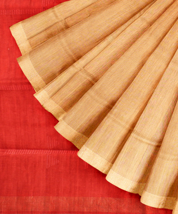 Beige red raw silk handloom bhagalpur saree