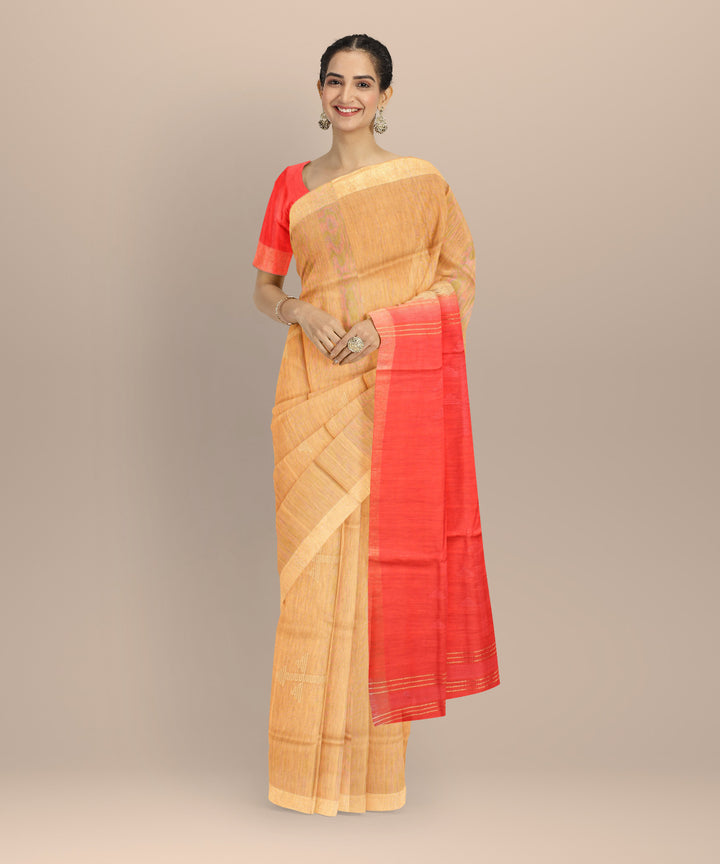 Beige red raw silk handloom bhagalpur saree