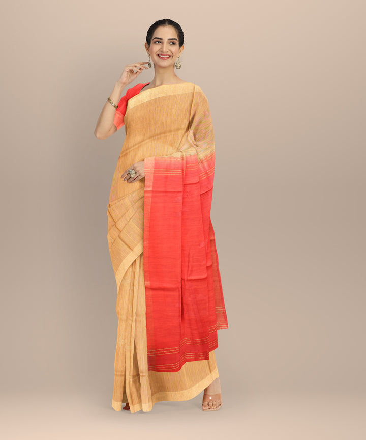 Beige red raw silk handloom bhagalpur saree