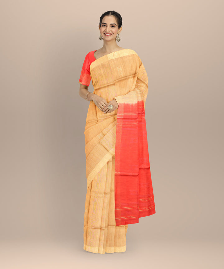 Beige orange raw silk handloom bhagalpur saree