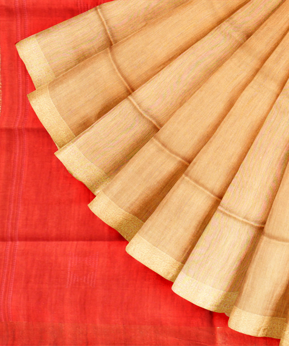 Beige orange raw silk handloom bhagalpur saree
