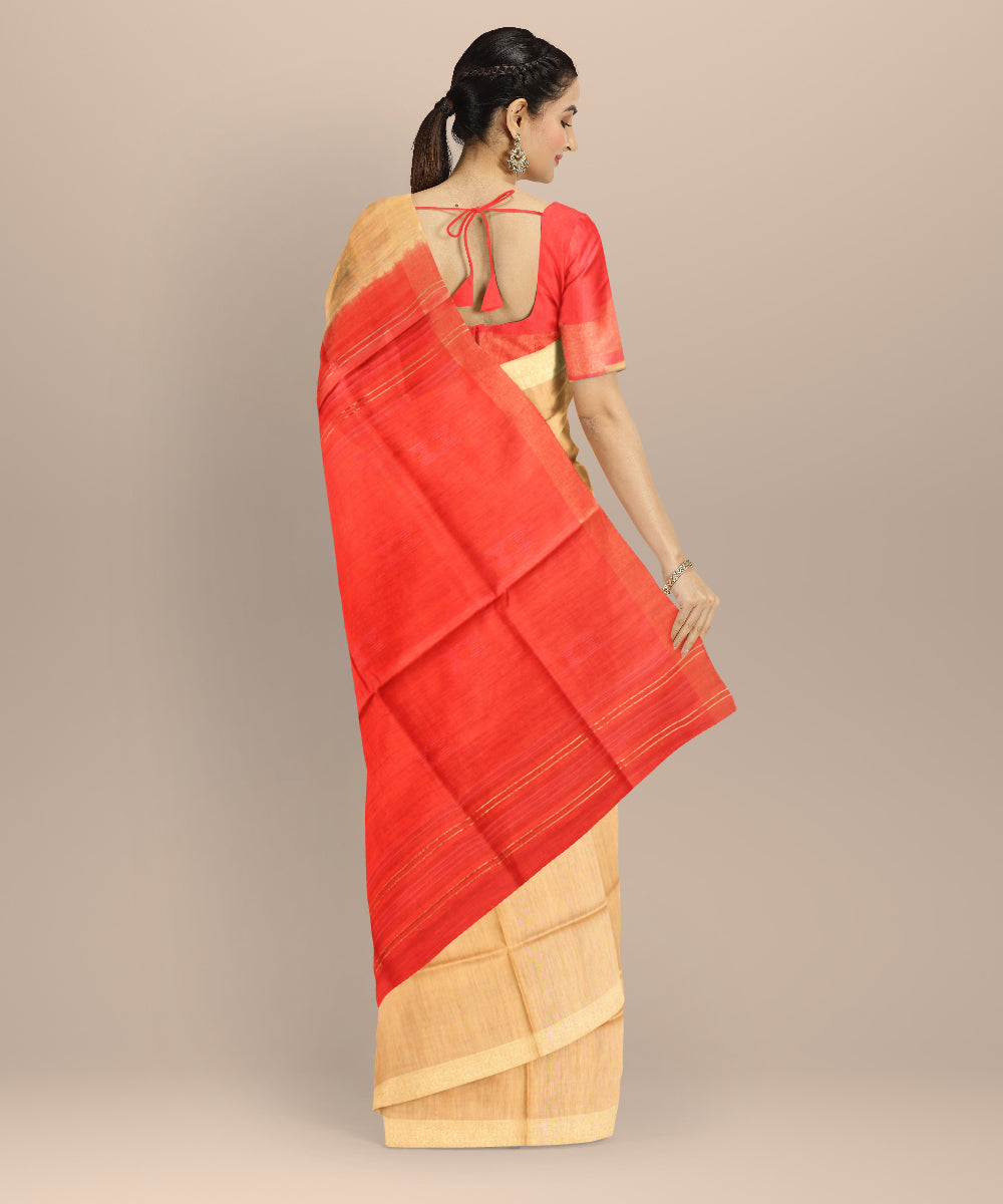 Beige orange raw silk handloom bhagalpur saree