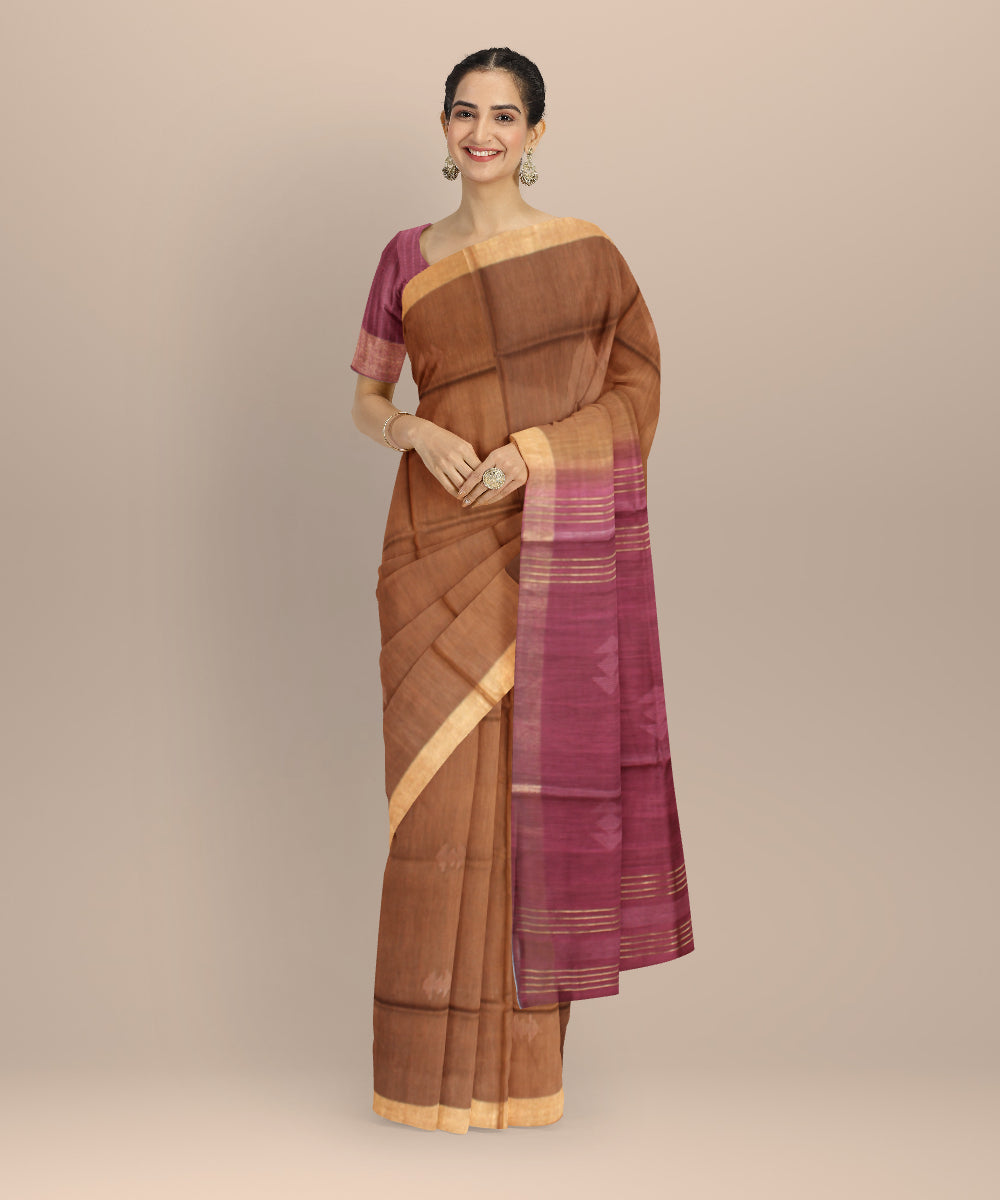Brown purple raw silk hand loom bhagalpur saree