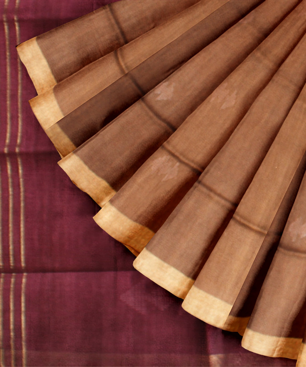 Brown purple raw silk hand loom bhagalpur saree