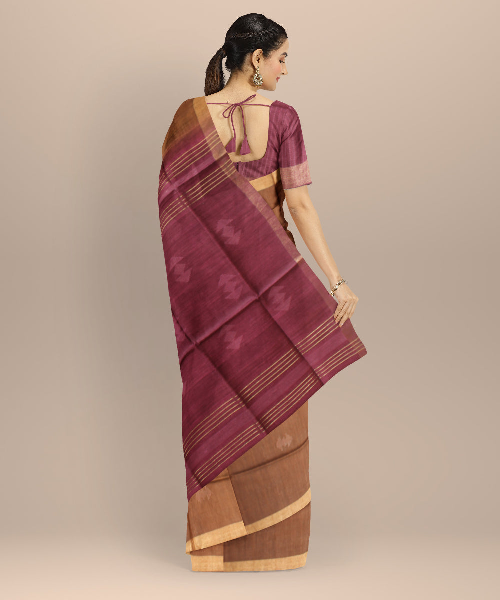 Brown purple raw silk hand loom bhagalpur saree