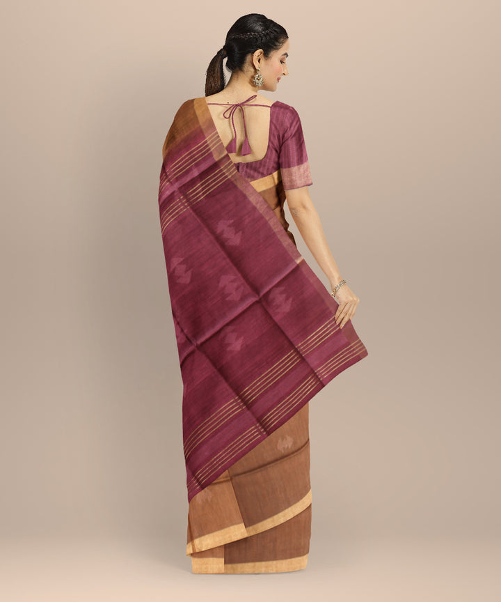 Brown purple raw silk hand loom bhagalpur saree