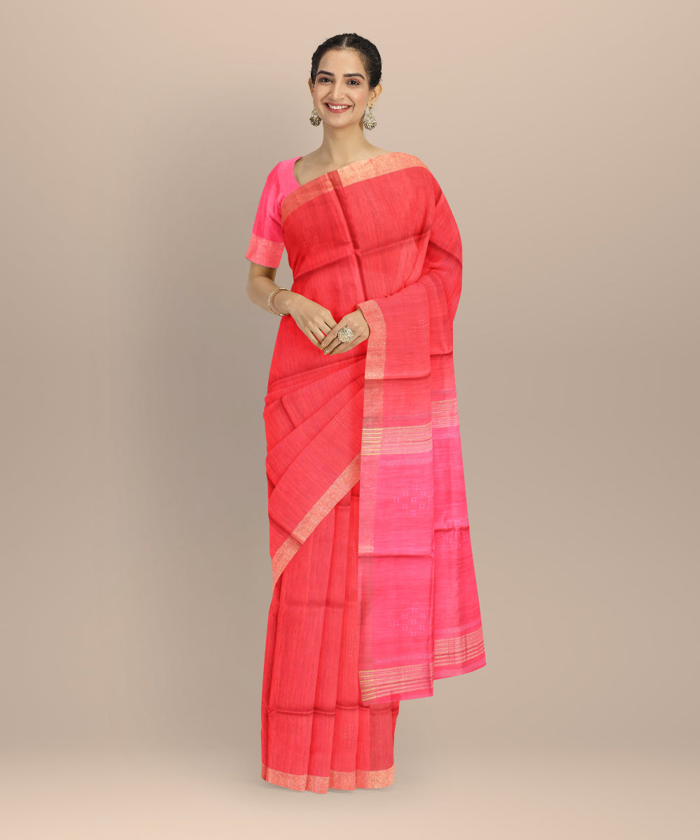 Red pink raw silk handloom bhagalpur saree