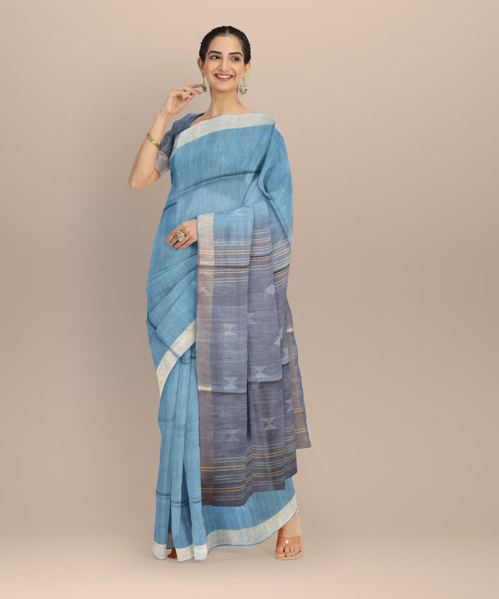 Sky blue grey raw silk handloom bhagalpur saree