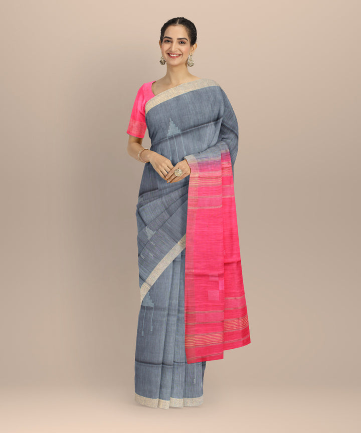 Grey red raw silk handloom bhagalpur saree