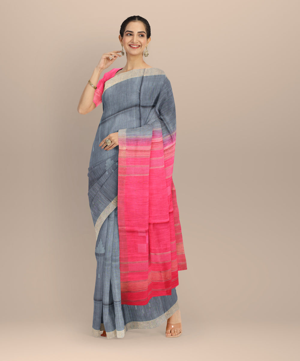 Grey red raw silk handloom bhagalpur saree
