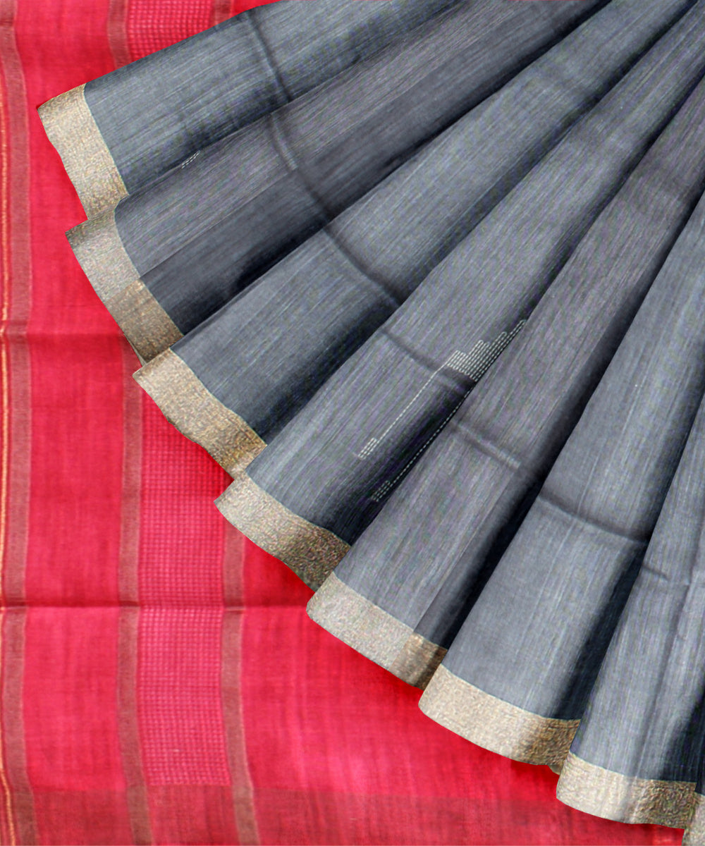 Grey red raw silk handloom bhagalpur saree