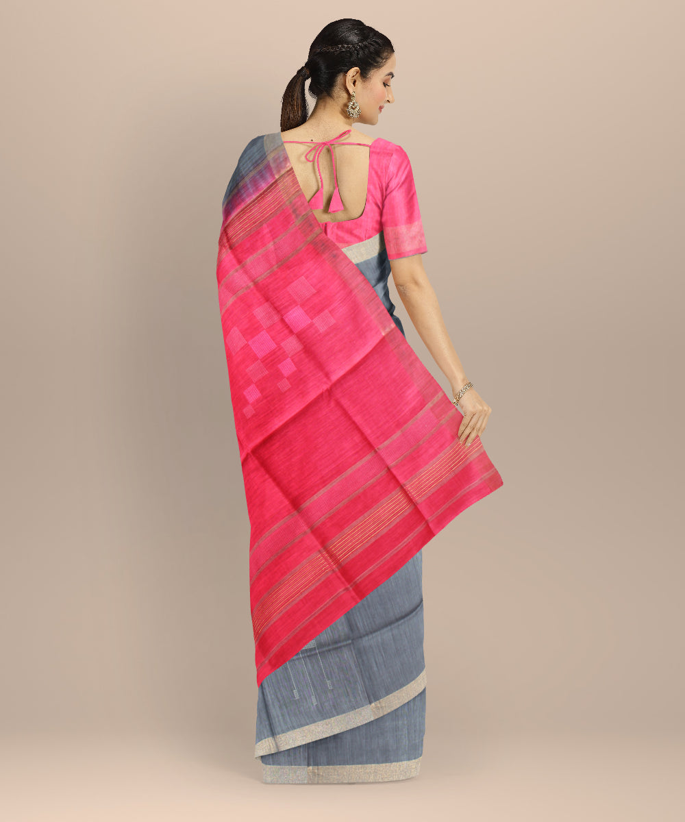 Grey red raw silk handloom bhagalpur saree