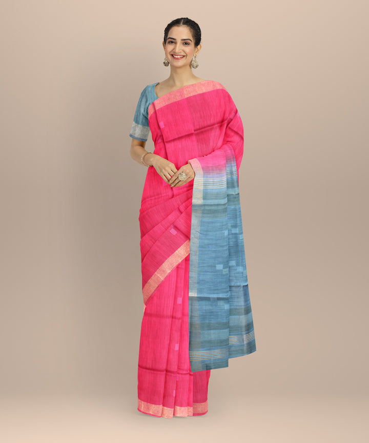 Pink blue raw silk handloom bhagalpur saree