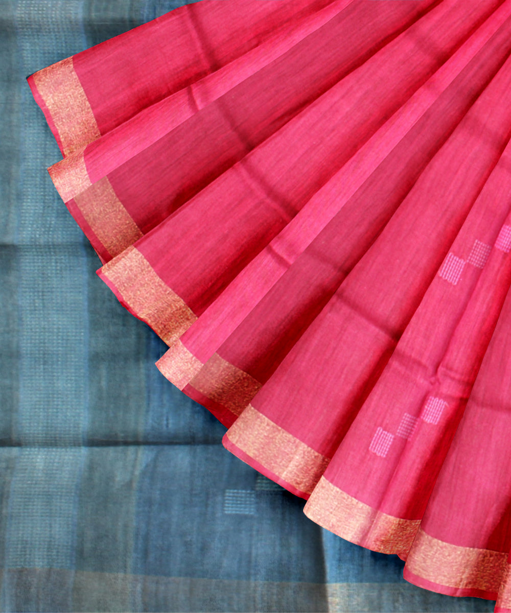 Pink blue raw silk handloom bhagalpur saree