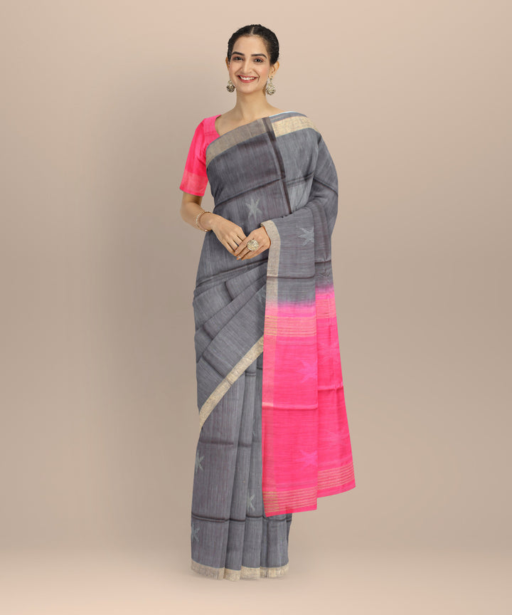 Grey pink raw silk bhagalpur hand loom saree