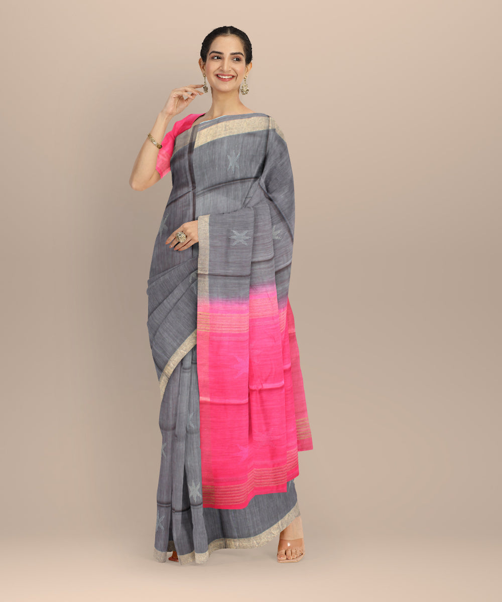 Grey pink raw silk bhagalpur hand loom saree