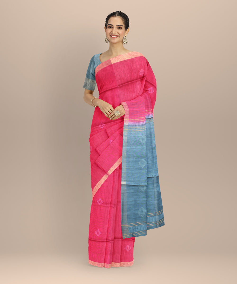 Pink blue grey raw silk handloom bhagalpur saree