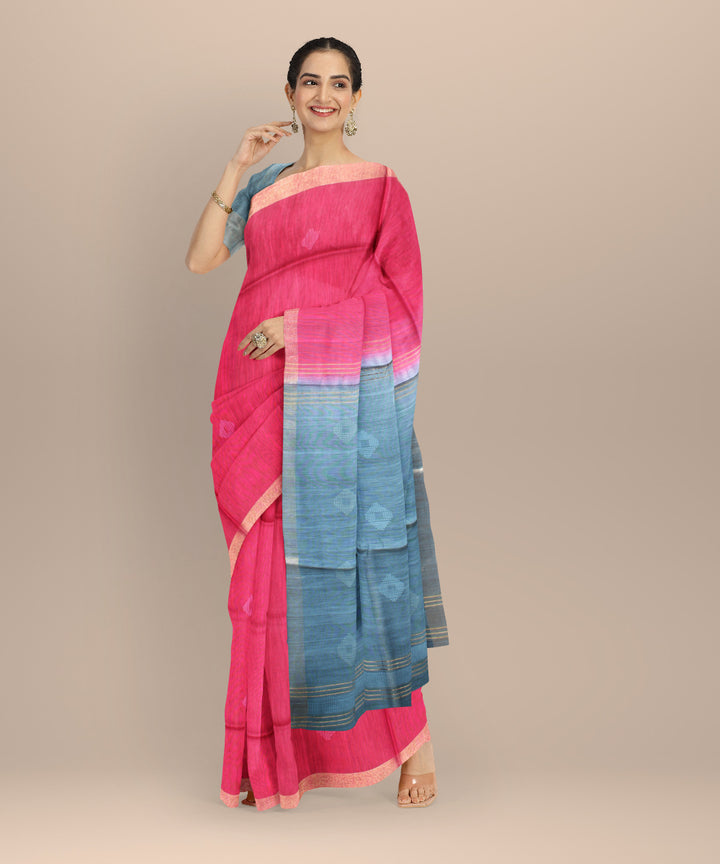 Pink blue grey raw silk handloom bhagalpur saree