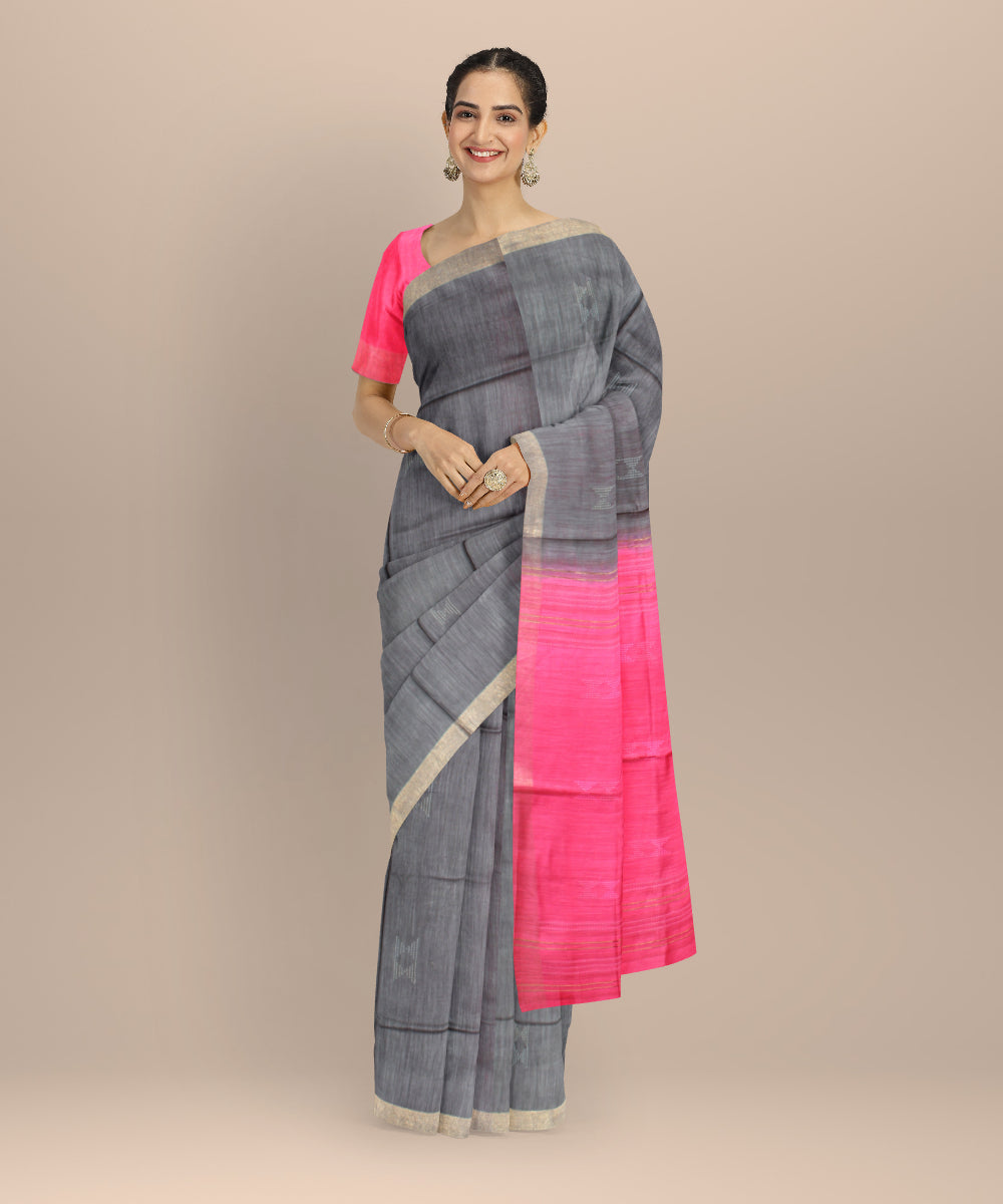 Grey pink raw silk handwoven bhagalpur saree