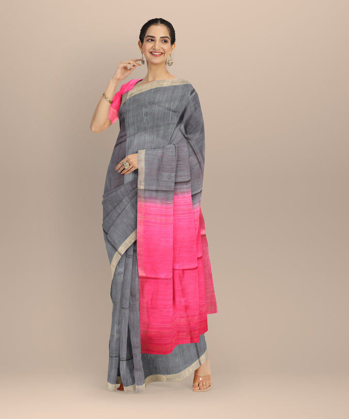 Grey pink raw silk handwoven bhagalpur saree