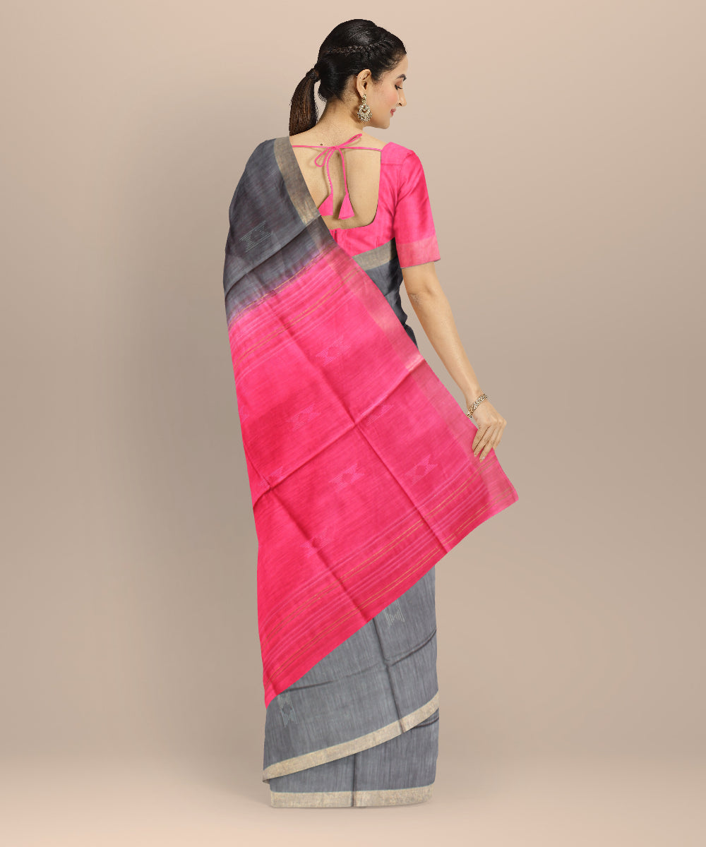 Grey pink raw silk handwoven bhagalpur saree