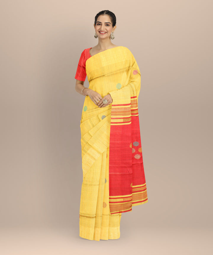 Yellow red raw silk handloom bhagalpur saree