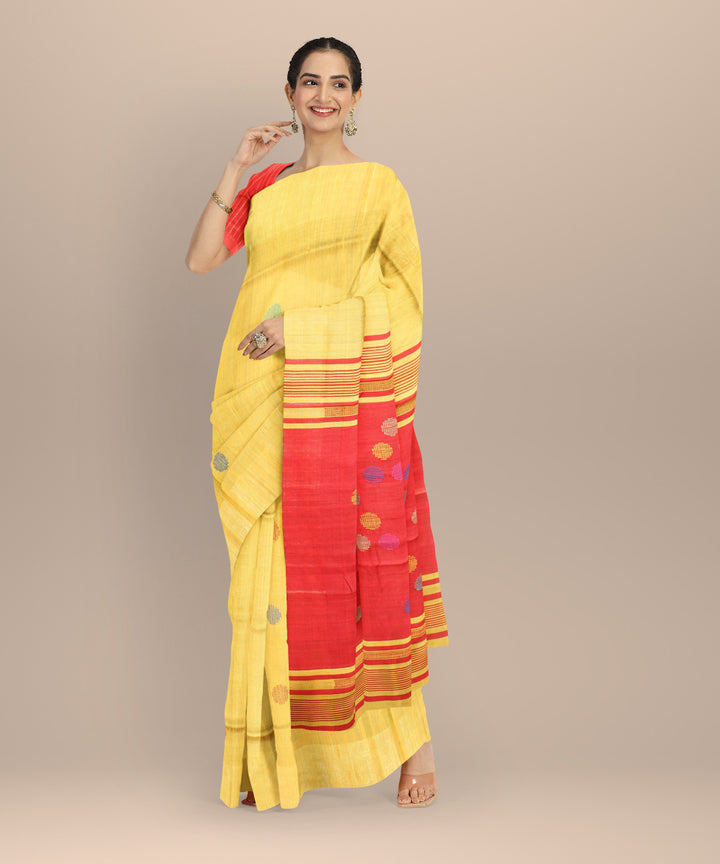 Yellow red raw silk handloom bhagalpur saree