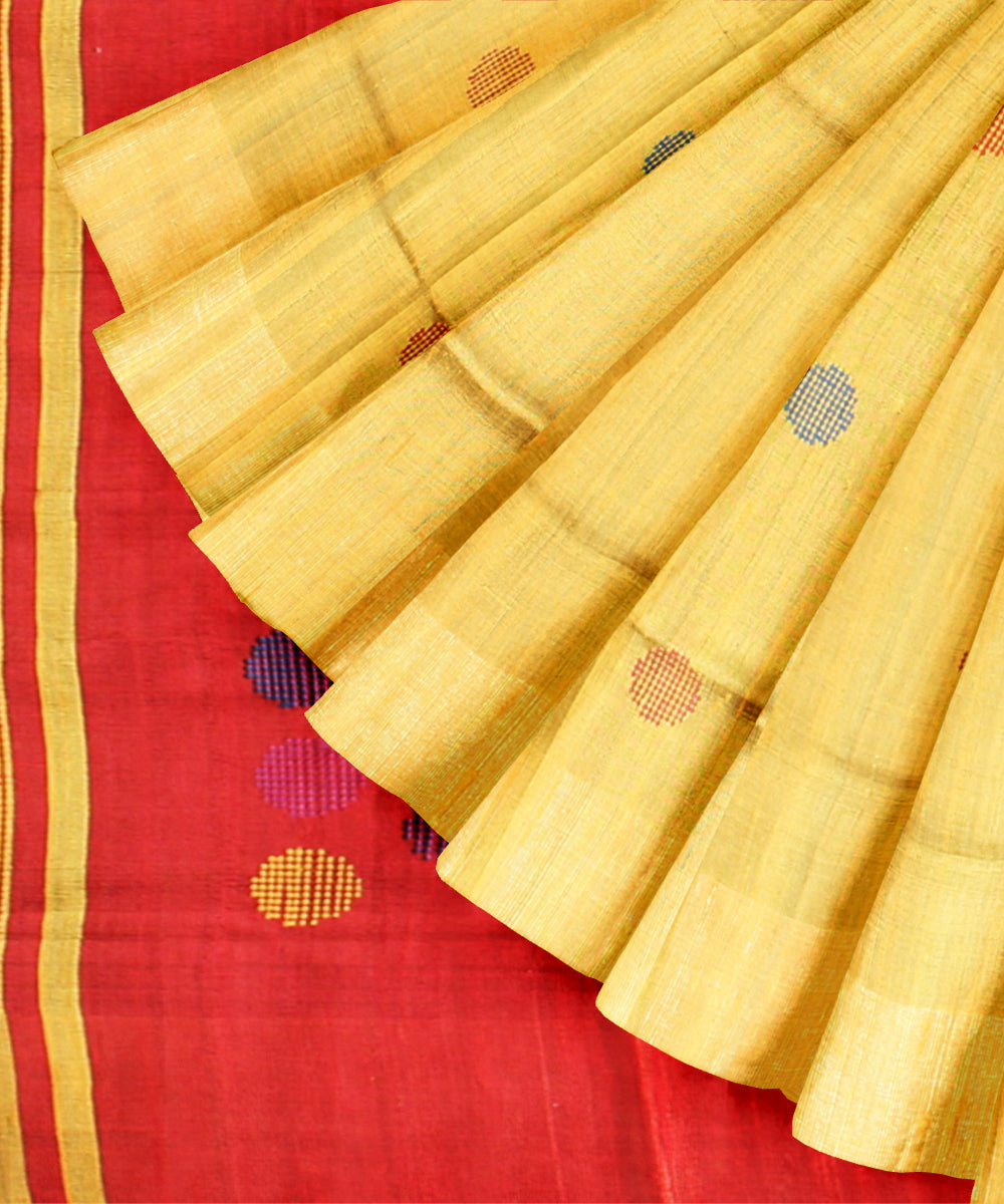 Yellow red raw silk handloom bhagalpur saree